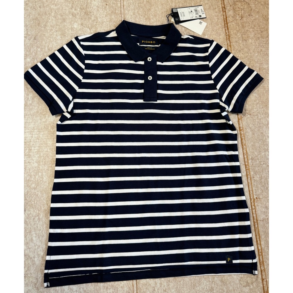 Piombo Navy White Striped Polo Shirt Women's Large Cotton Short Sleeve NWT Top - Picture 4 of 9